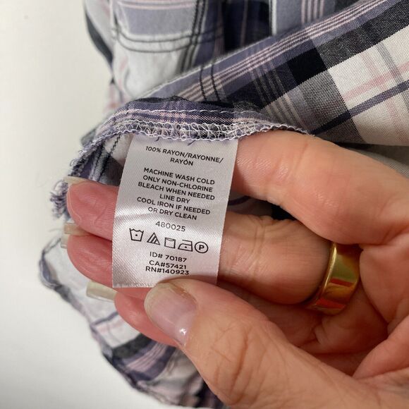 Loft Lavender Plaid Flowy Roll-Tab Sleeve Shirred Back Keyhole Button Blouse SP - Picture 8 of 10